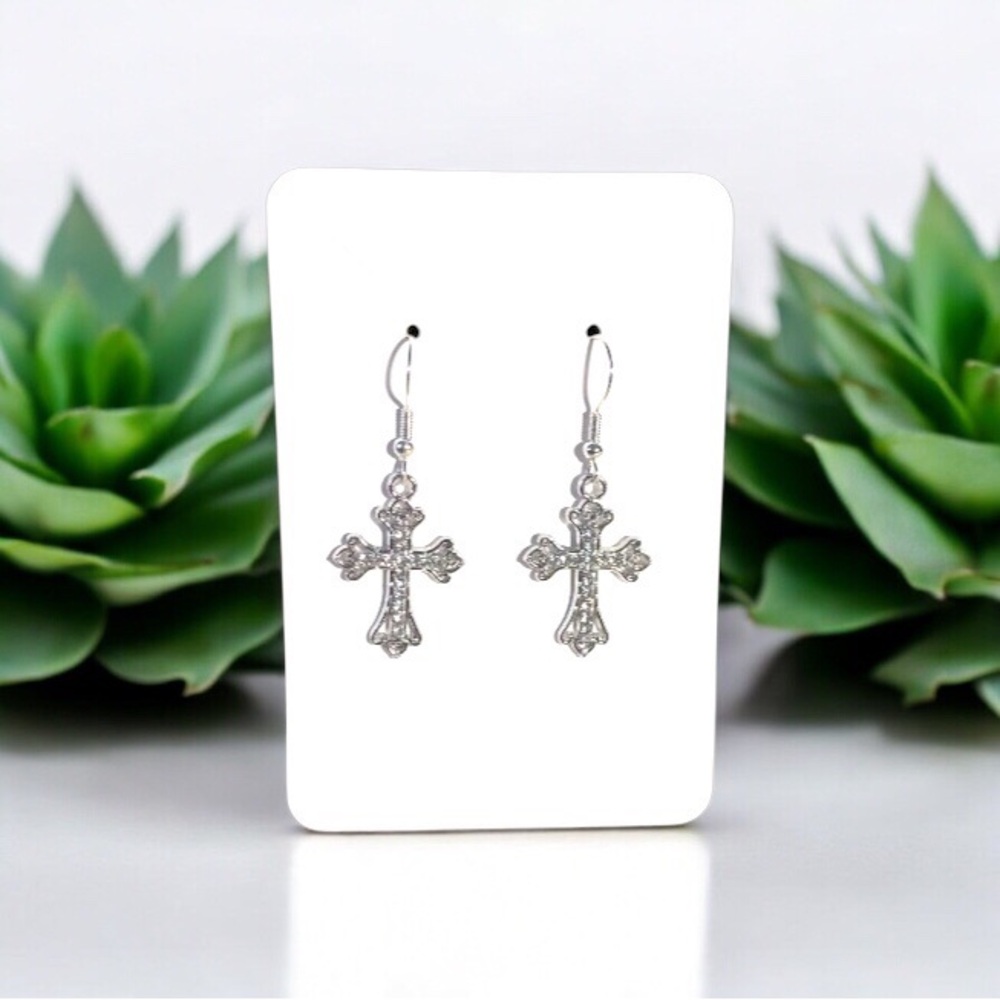 31. Silver Tone Cross Rhinestone Dangle Earrings